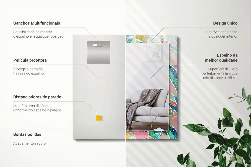 Rektangulär spegel med tryck Blommor och blad