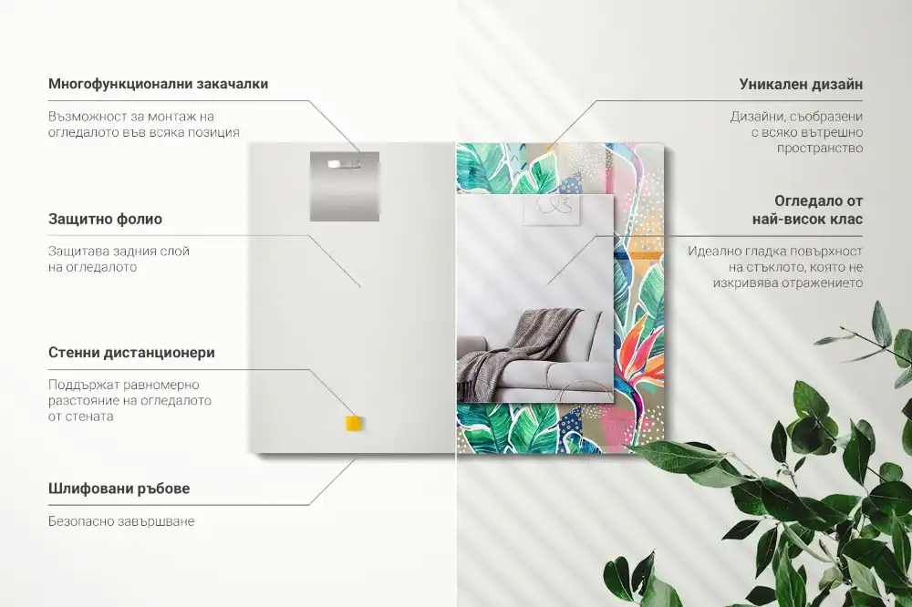 Rektangulär spegel med tryck Blommor och blad