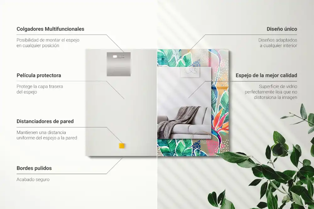 Rektangulär spegel med tryck Blommor och blad