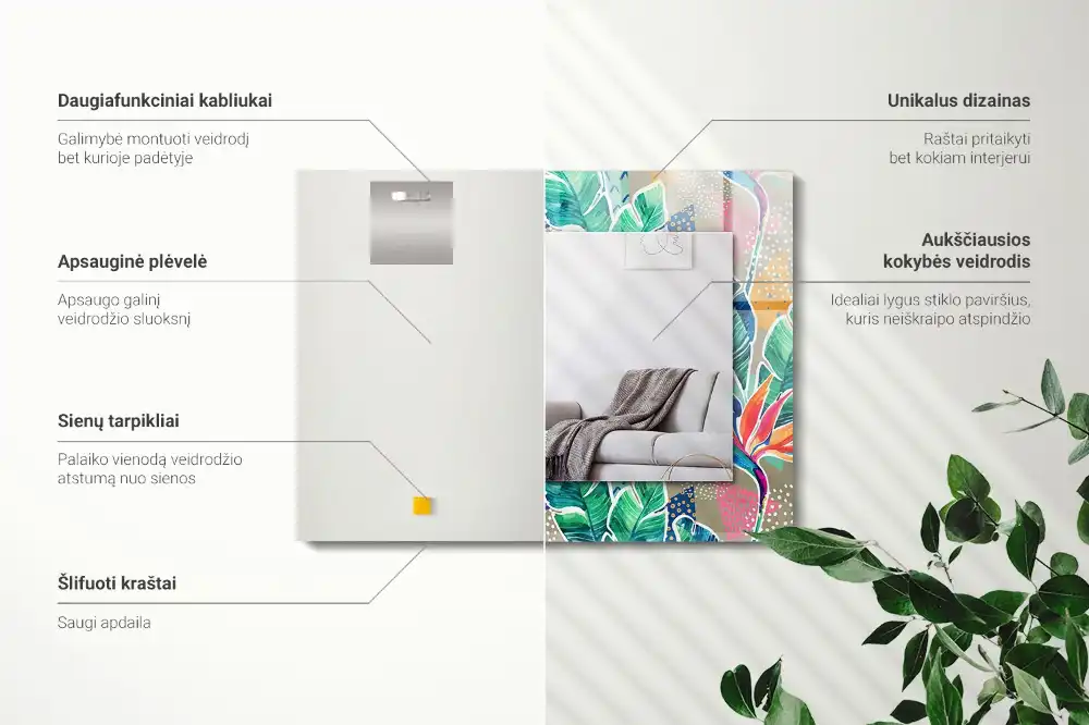 Rektangulär spegel med tryck Blommor och blad