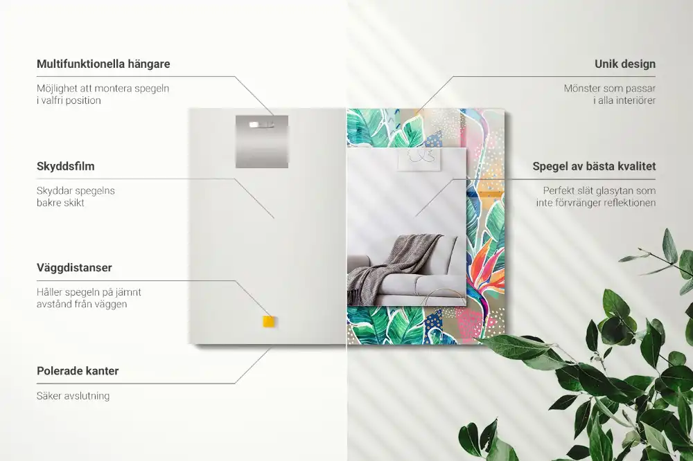 Rektangulär spegel med tryck Blommor och blad