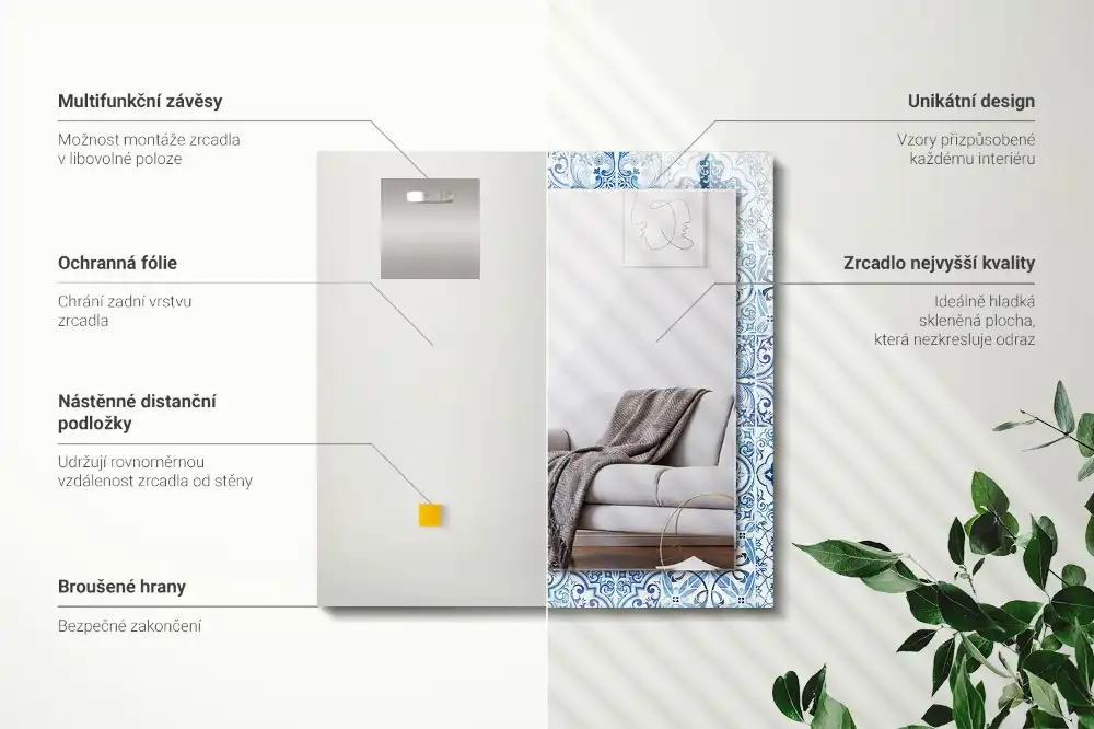 Rektangulär spegel med tryck Blå dekorativa plattor