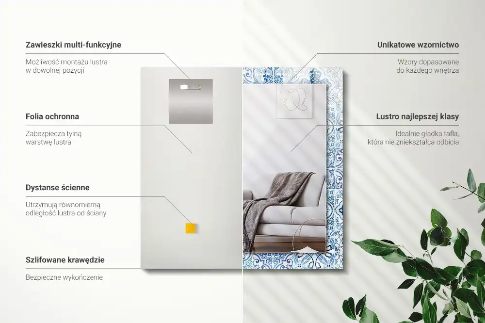 Rektangulär spegel med tryck Blå dekorativa plattor