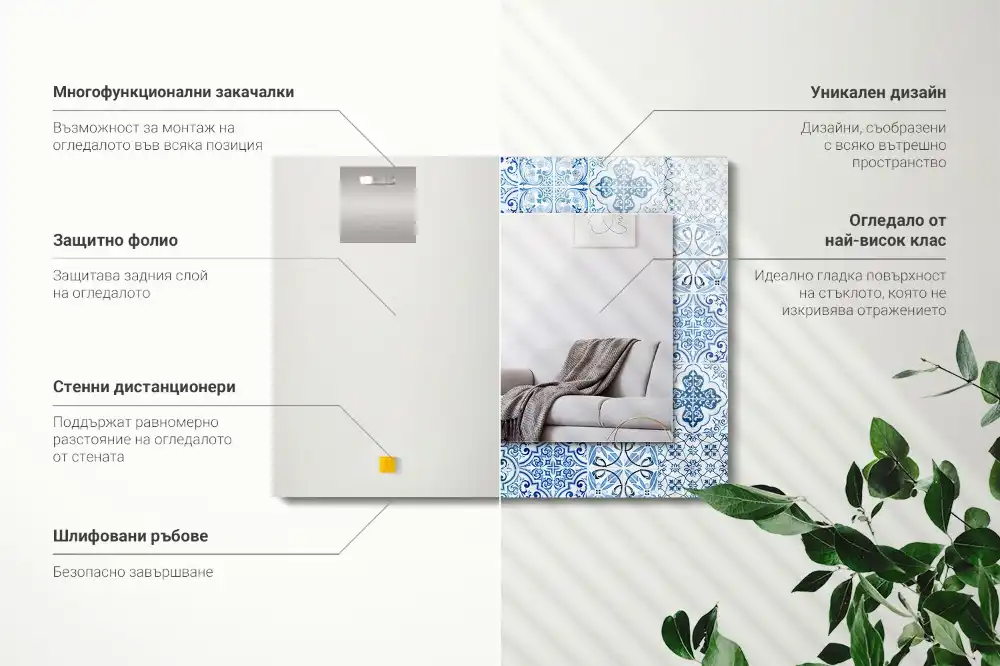 Rektangulär spegel med tryck Blå dekorativa plattor