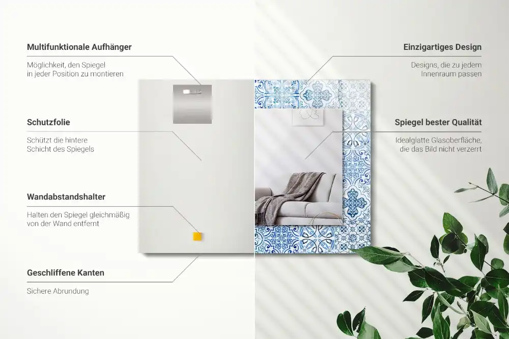 Rektangulär spegel med tryck Blå dekorativa plattor