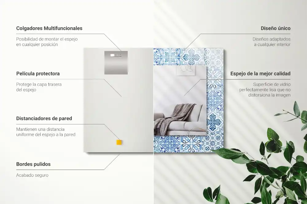 Rektangulär spegel med tryck Blå dekorativa plattor