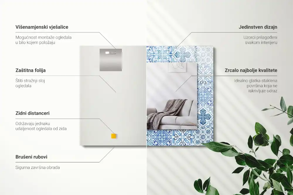 Rektangulär spegel med tryck Blå dekorativa plattor