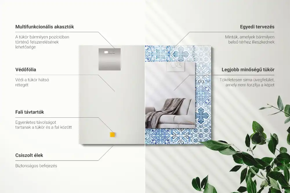 Rektangulär spegel med tryck Blå dekorativa plattor