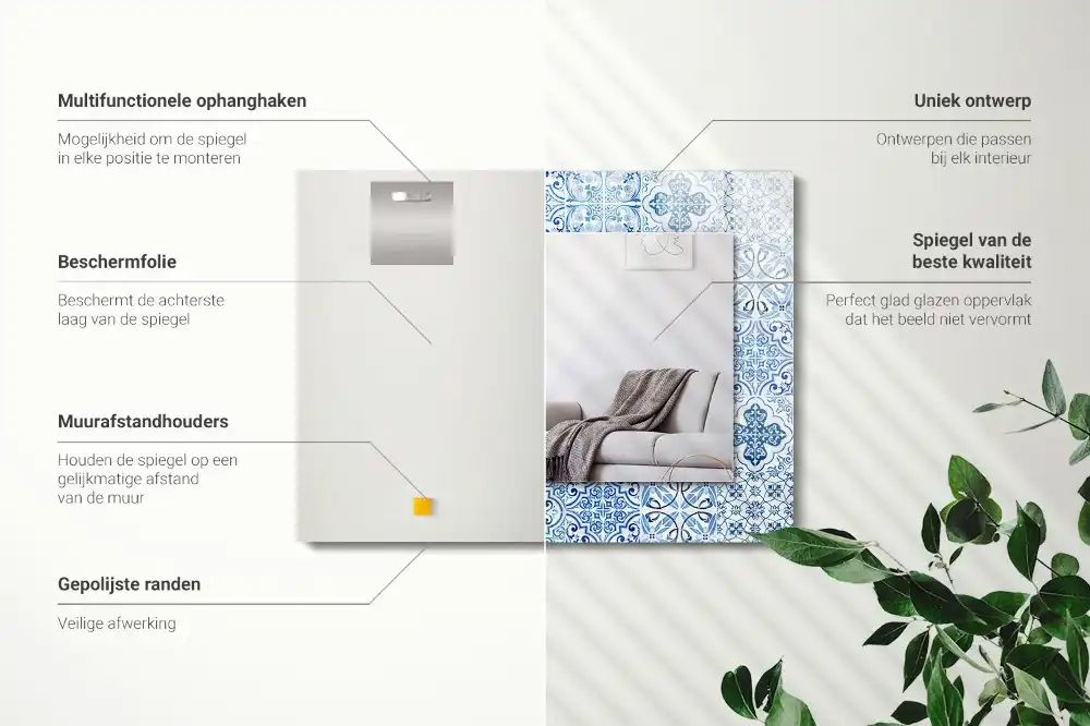 Rektangulär spegel med tryck Blå dekorativa plattor