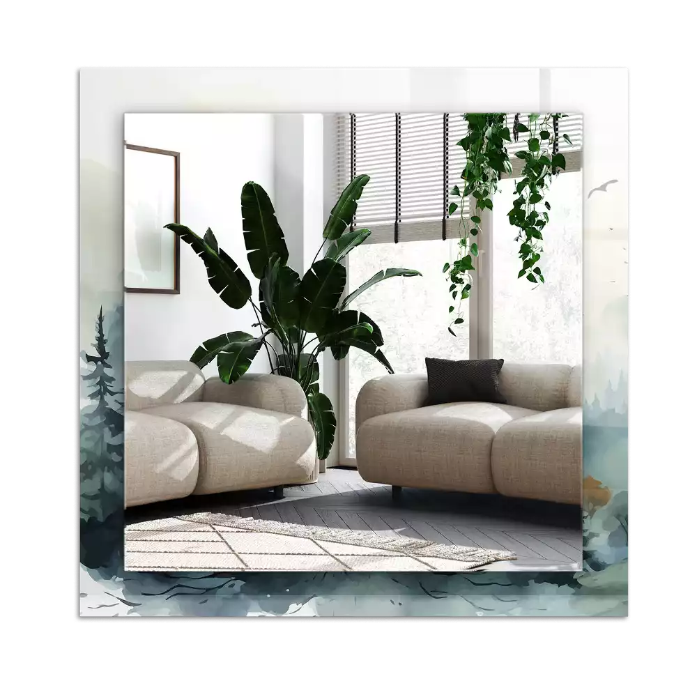 Rektangulär spegel med tryck Skog i dimman