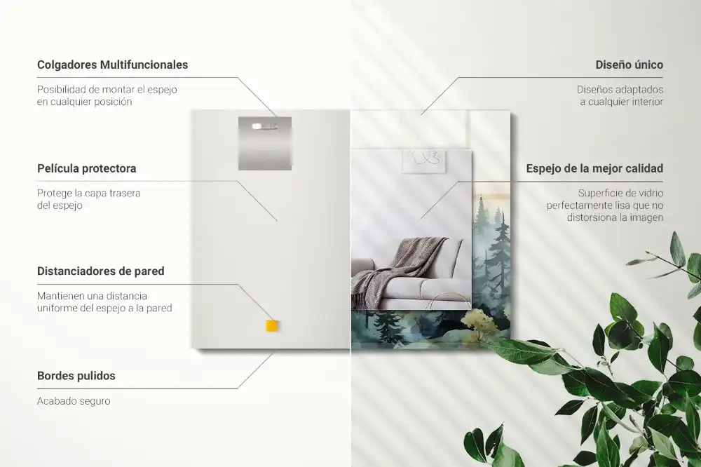 Rektangulär spegel med tryck Skog i dimman