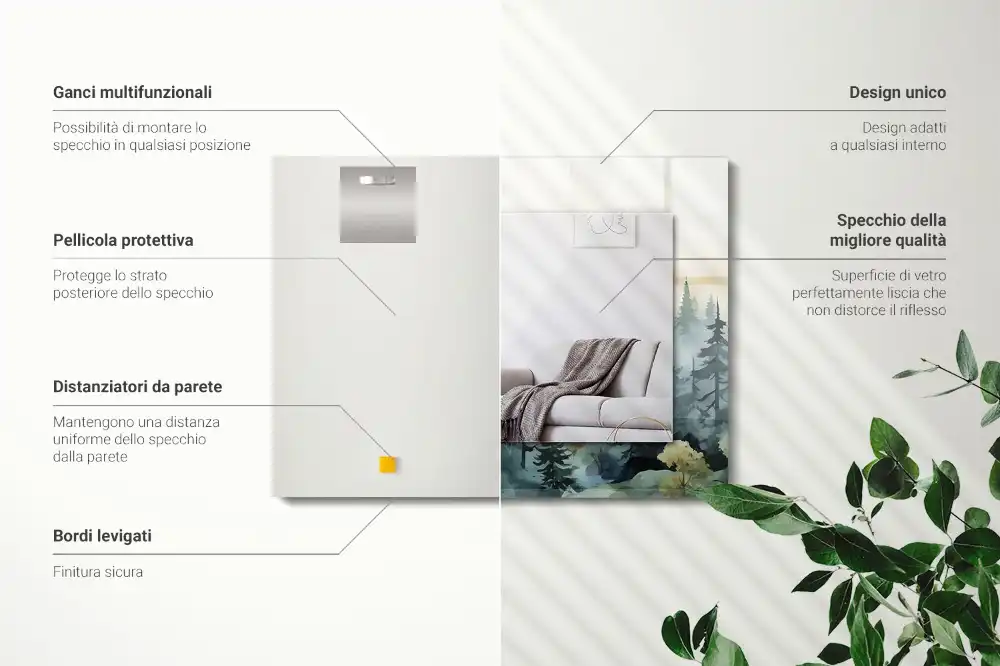 Rektangulär spegel med tryck Skog i dimman