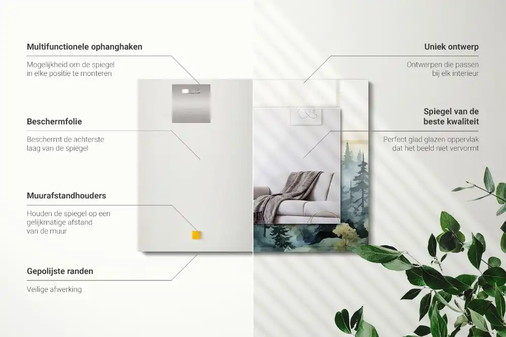 Rektangulär spegel med tryck Skog i dimman