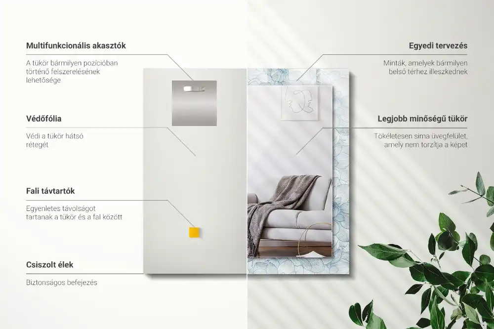 Rektangulär spegel med tryck Blommönster blått