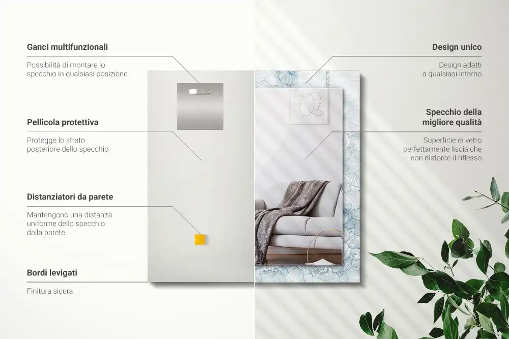 Rektangulär spegel med tryck Blommönster blått