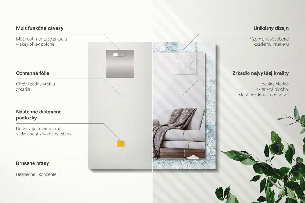 Rektangulär spegel med tryck Blommönster blått