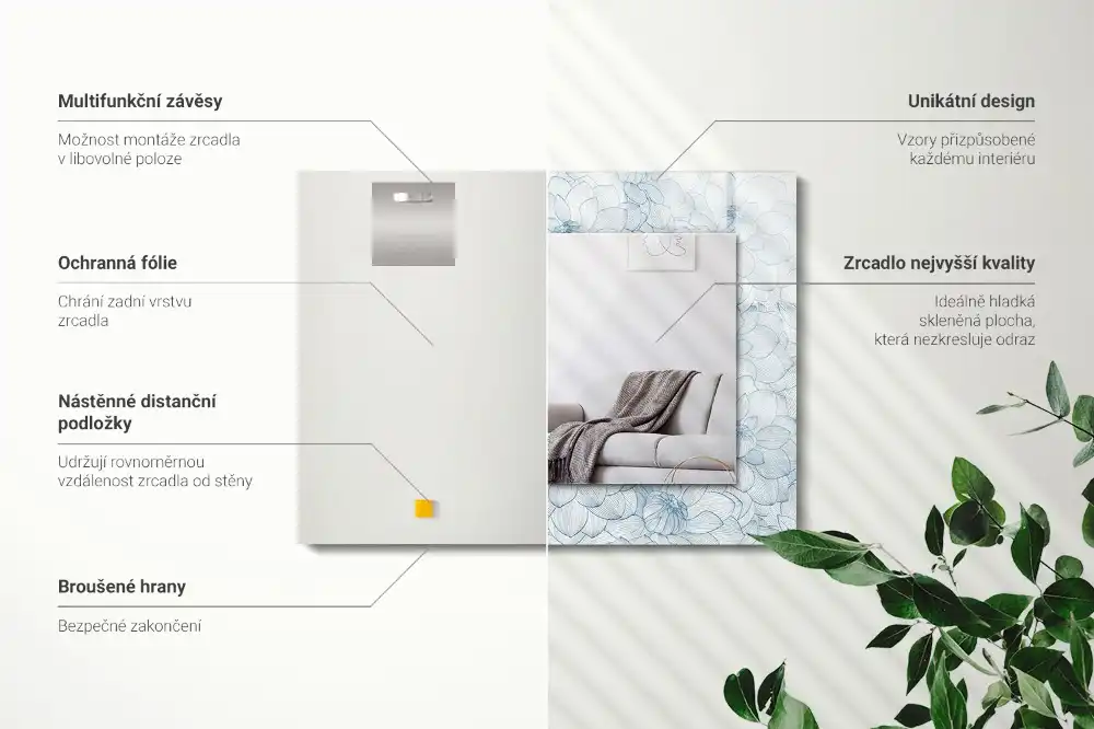 Rektangulär spegel med tryck Blommönster blått