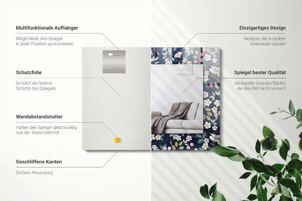 Dekorativ spegel med tryck Blommor, löv, fåglar
