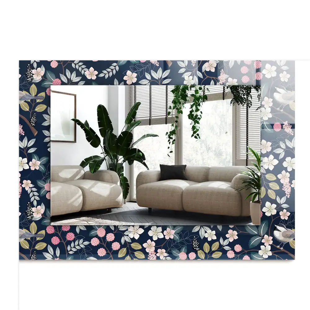 Dekorativ spegel med tryck Blommor, löv, fåglar