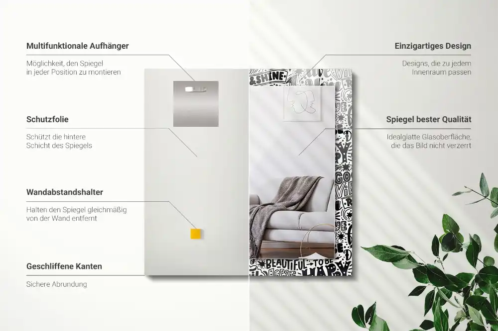 Rektangulär spegel med tryck Motiverande handskrivna inskriptioner