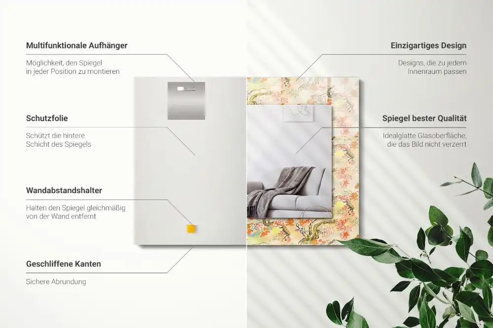 Rektangulär spegel med tryck japansk trädgård