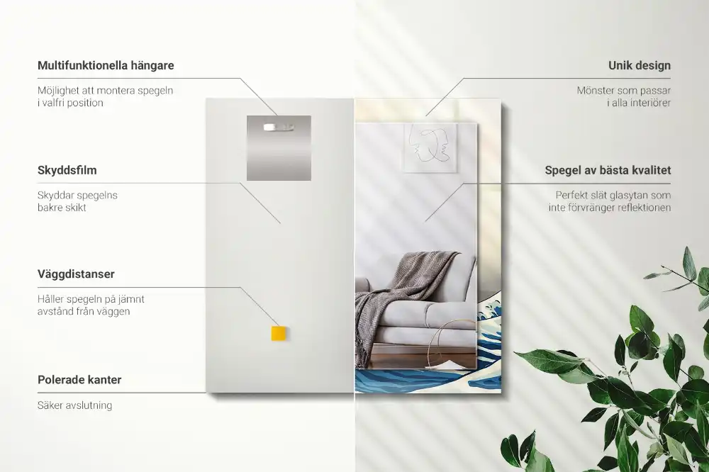 Rektangulär spegel med tryck Den stora vågen utanför Kanagawa