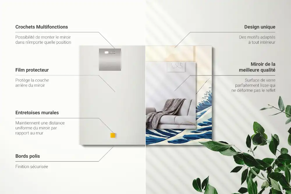 Rektangulär spegel med tryck Den stora vågen utanför Kanagawa