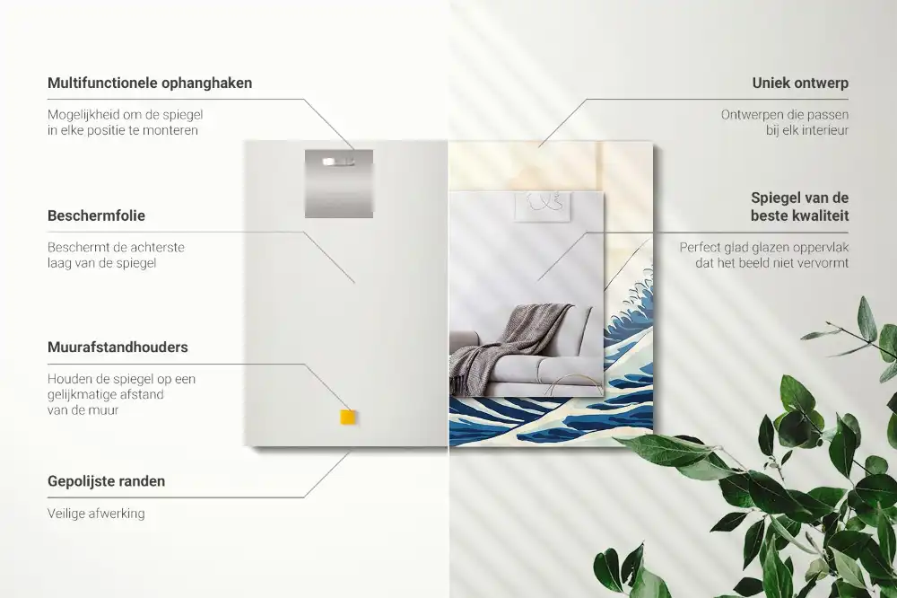 Rektangulär spegel med tryck Den stora vågen utanför Kanagawa