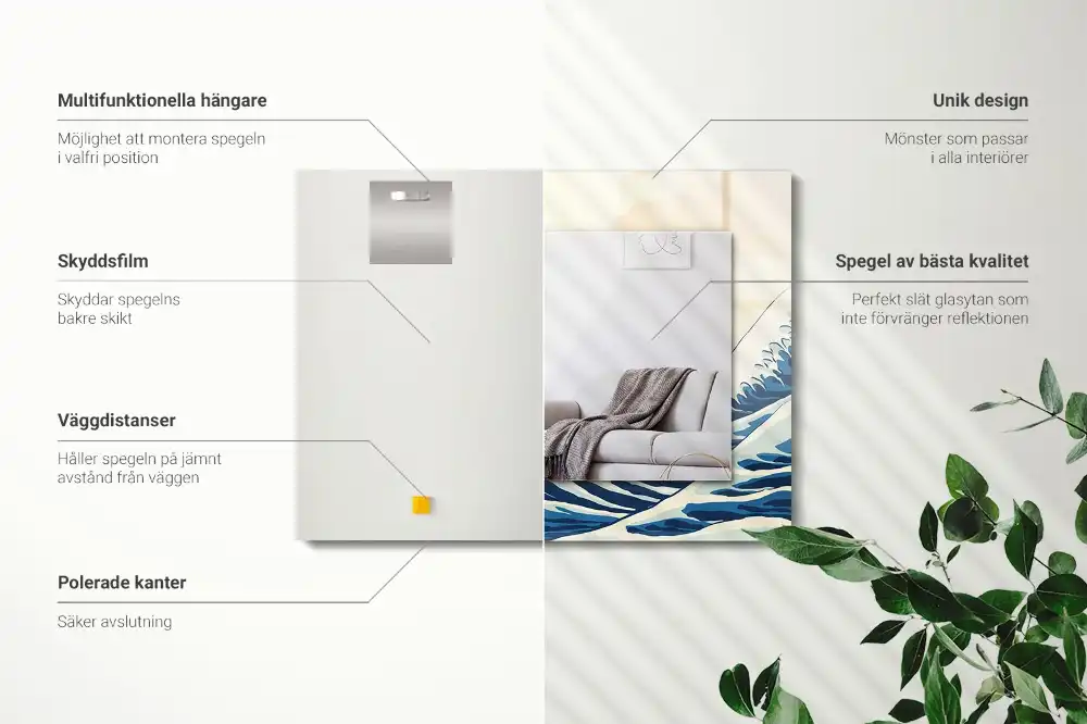 Rektangulär spegel med tryck Den stora vågen utanför Kanagawa