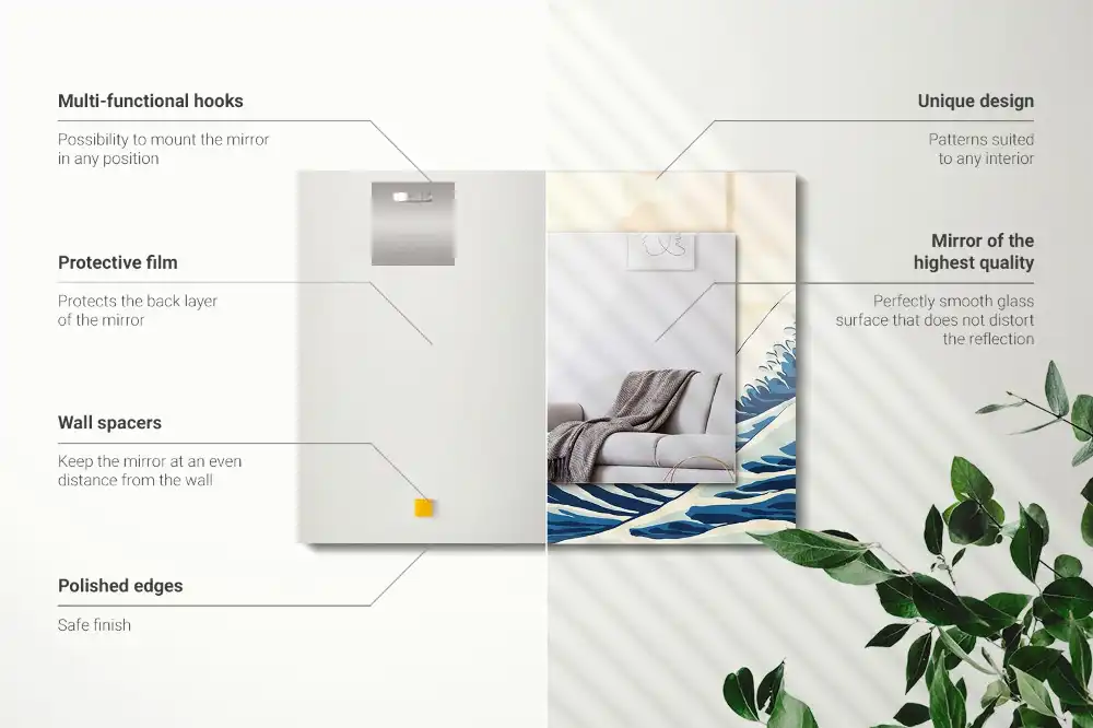 Rektangulär spegel med tryck Den stora vågen utanför Kanagawa
