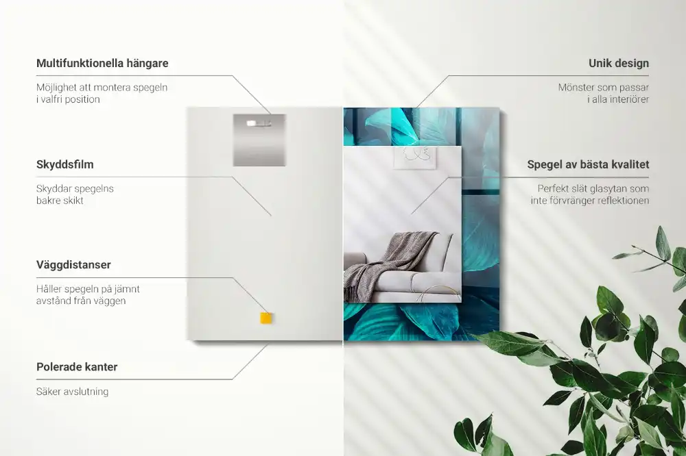 Rektangulär spegel med tryck Gröna blad