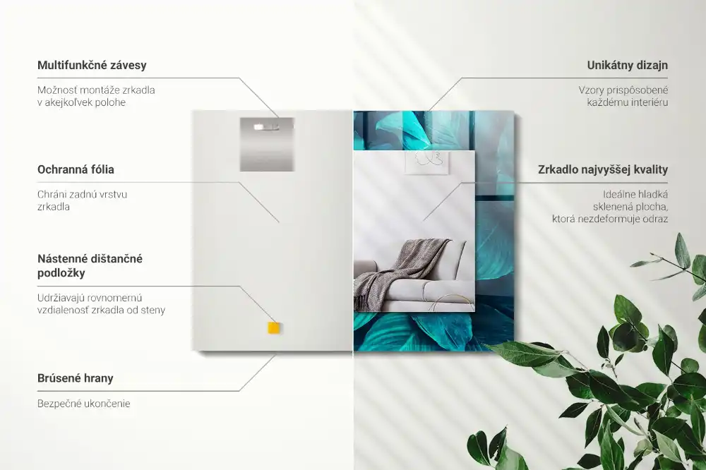 Rektangulär spegel med tryck Gröna blad