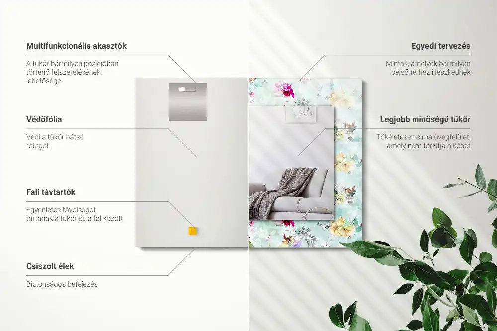 Dekorativ spegel med tryck Blommor och fåglar