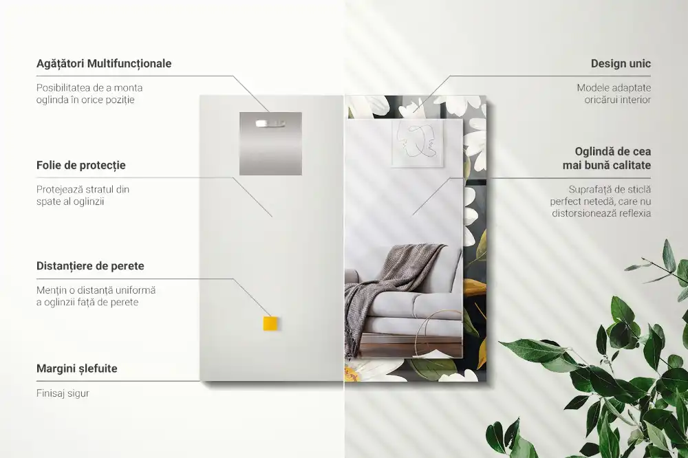 Rektangulär spegel med tryck Vita tusensköna blad
