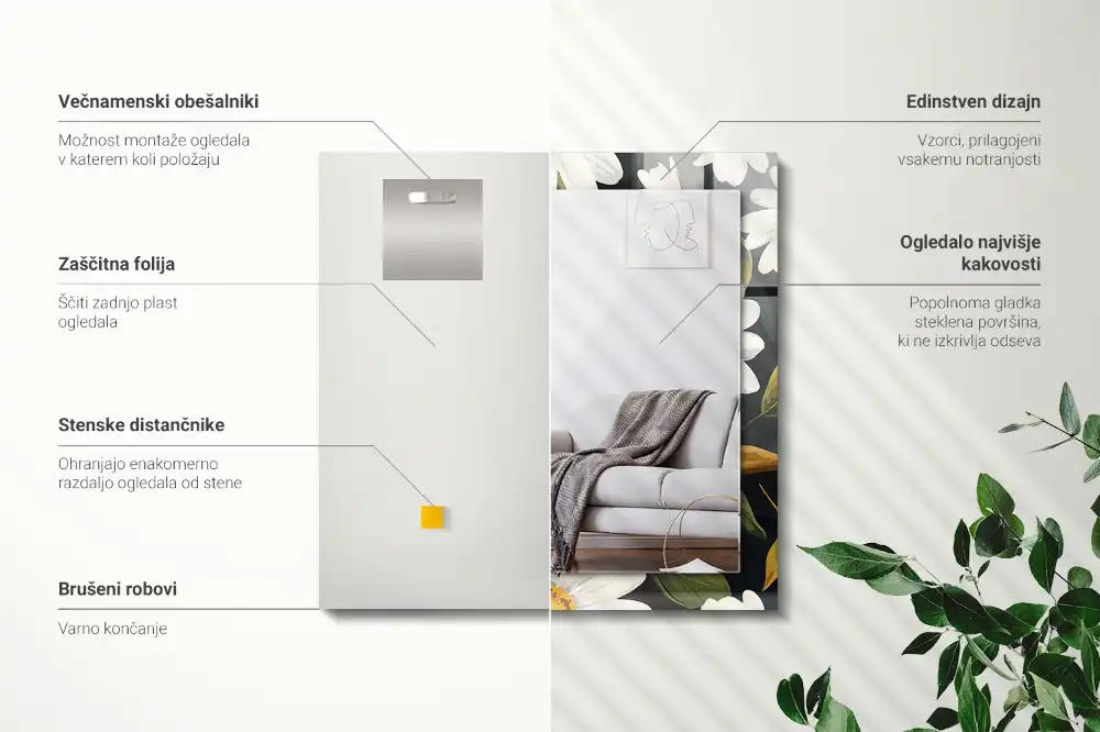 Rektangulär spegel med tryck Vita tusensköna blad