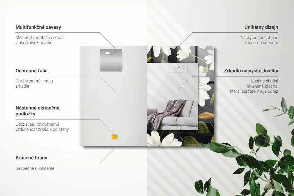 Rektangulär spegel med tryck Vita tusensköna blad