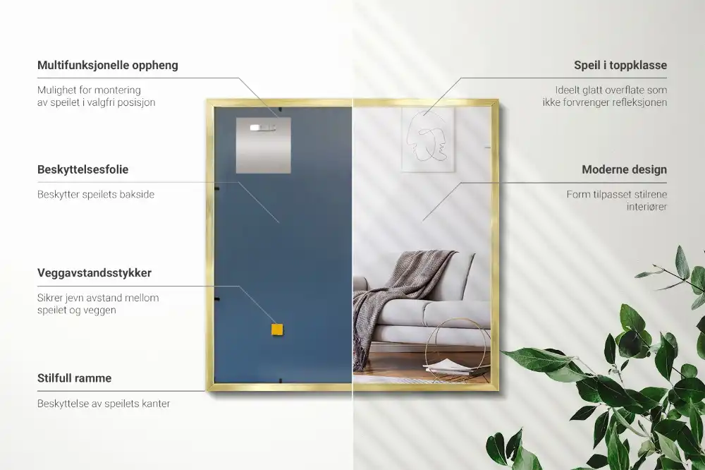 Rektangulär spegel gyllene ram Vägghängd prydnad