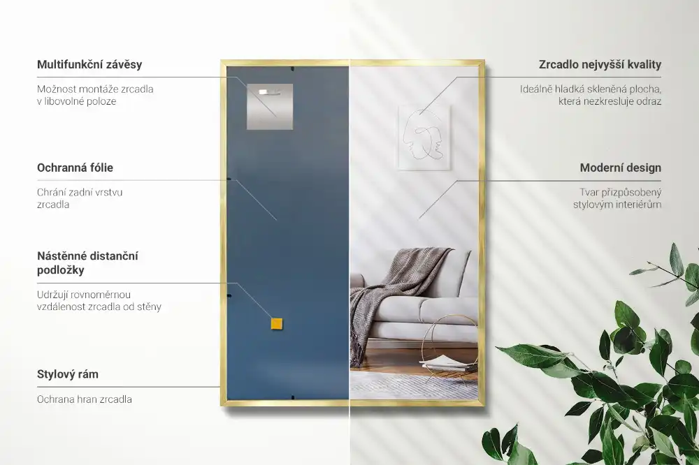 Rektangulär spegel gyllene ram Vägghängd prydnad