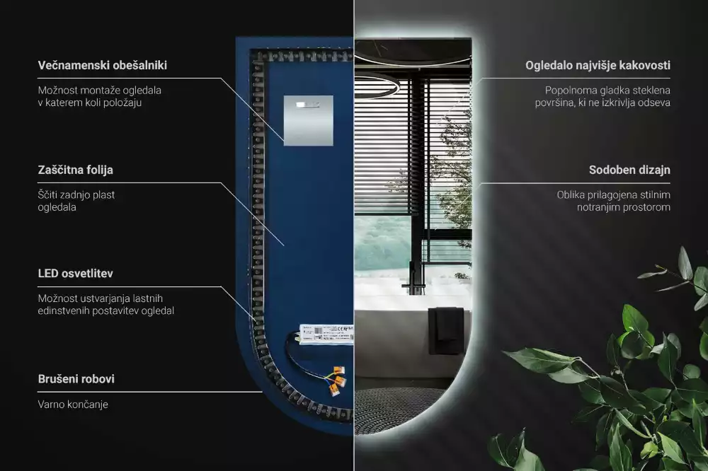Halv-oval spegel med led belysning